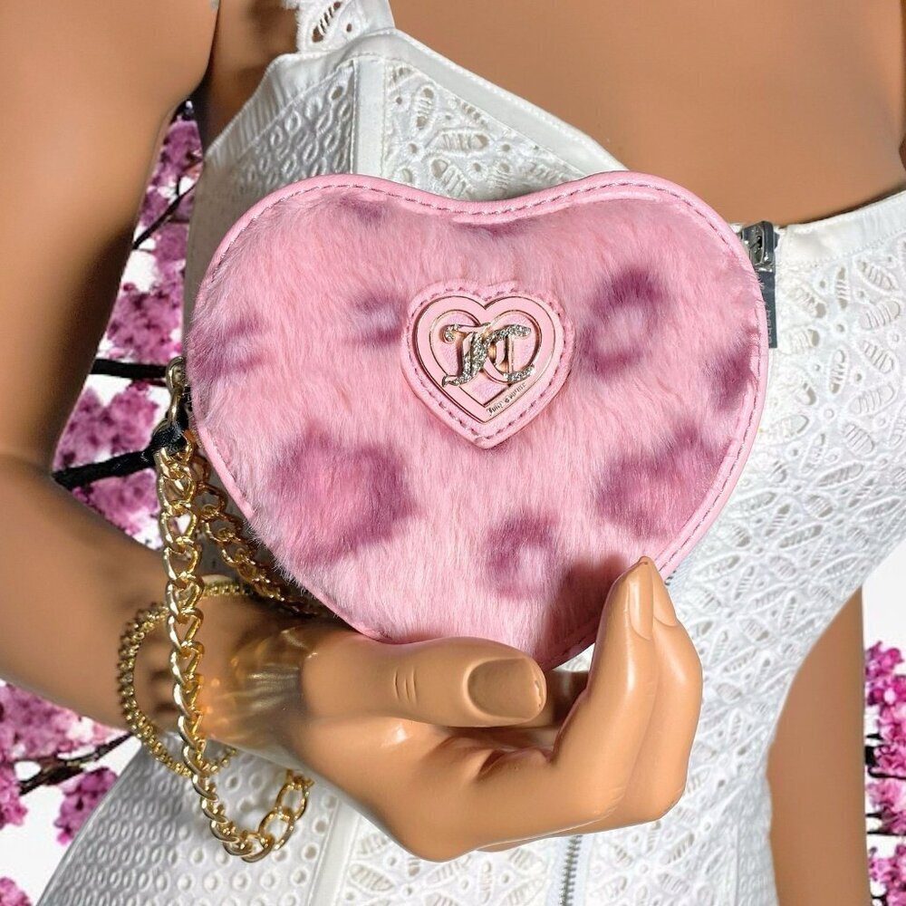 Juicy Couture Faux Fur Pink Leopard Print Get Cozy Heart Shape Wristlet Bag NWT